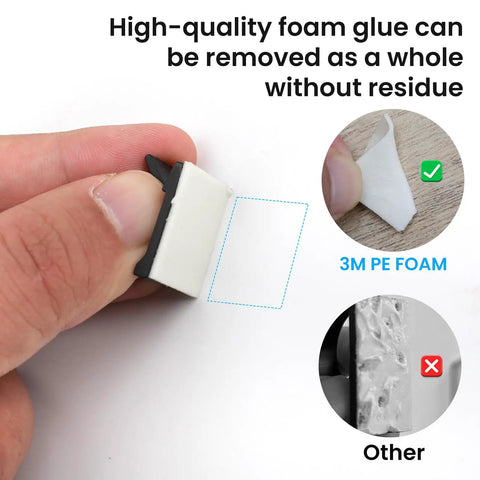 Close-up of adhesive foam on cable clip with comparison showing residue-free removal for 30 Pack Small Black Adhesive Cable Clips For Quick Cord Management Under Desk Nightstand TV PC Charger Dash Cam Ethernet And Wall Wire Organizer Keep Cords Neat Tidy And Out Of The Way.