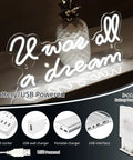 White neon "It was all a dream" sign lit up, USB and battery options shown, ideal for modern decor, warm ambiance enhancement.
