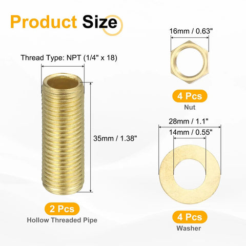 Dimensions of Brass Lamp Repair Hardware Kit, Two Pack One Quarter Inch NPT Pipe Nipples With Lock Nuts And Washers, 35mm length