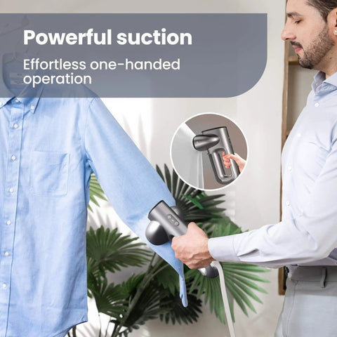 Person using Magic 1 Vacuum Steamer For Clothes With 2300Pa Fabric Grip One Handed Operation On The Go Handheld Garment Steamer on shirt