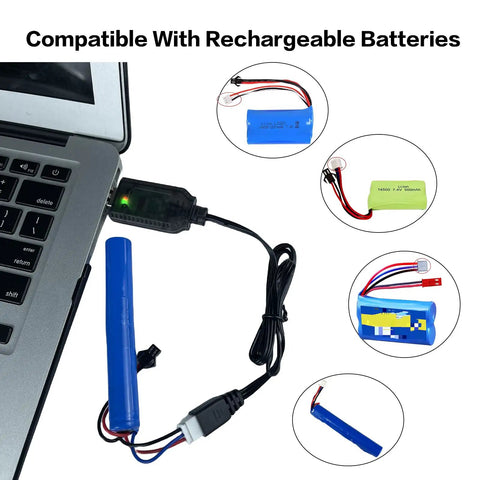 Must Have 7.4V USB Charger Cable With XH 3Pin Plug for RC Cars Planes Tanks Boats and Other Remote Control Toys shown charging batteries