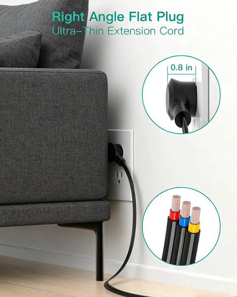 Heavy Hitter 12 Outlet Surge Protector Power Strip With Super Roomy Layout For Zero Plug Tangles, Floor Or Wall Mount, 5 Foot Cord, 900 Joule Shield, Simple Reset Switch connected to a wall outlet with a right angle flat plug.