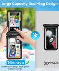IPX8 Waterproof Phone Pouch Dual Pack 8.3 Inch Case With Lanyard showing dual-compartment design with essentials inside