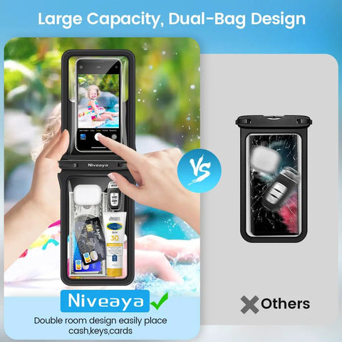 IPX8 Waterproof Phone Pouch Dual Pack 8.3 Inch Case With Lanyard showing dual-compartment design with essentials inside