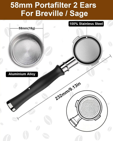 Kickstart Your Brew Routine With Top Shelf 58mm Bottomless Portafilter Featuring Beefy Aluminum Handle And Cranked 18g Double Shot Basket For Breville Espresso BES900XL BES920XL BES980XL BES990BSS For Smooth Shot Vibes Daily showing 58mm portafilter with steel basket and aluminum handle.
