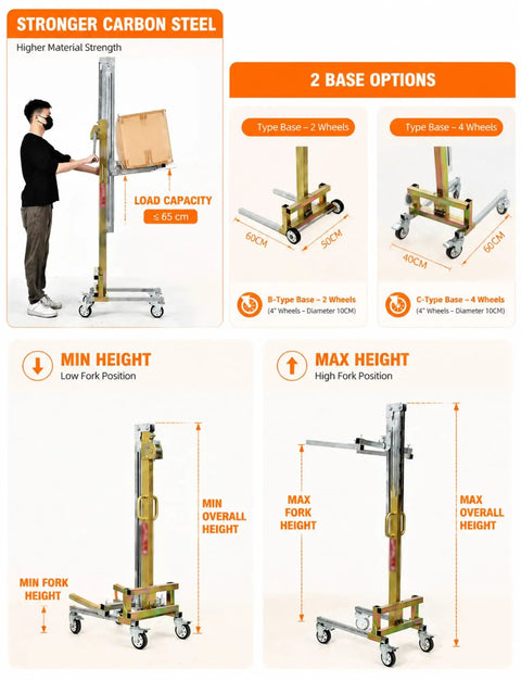 Heavy Duty Portable Lift Trolley With Manual Winch And Forks, Ultimate 80kg Material Handler for positioning and installation work with adjustable heights.