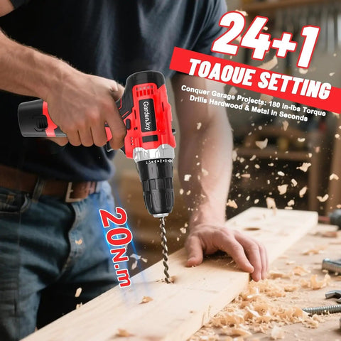 Person using 12V Cordless Drill And Driver Set With Two Batteries Ultra Lightweight Two Speed 24 And 1 Position Wood And Wall Drilling