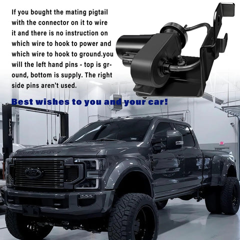 UVYMZY 12V vacuum pump (904-214) with mounting bracket; close-up above a Ford Super Duty truck in shop