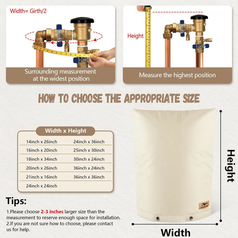 Insulated Backflow Cover For Outdoor Irrigation Valves No Fuss All Season Weatherproof Sprinkler Cover Pouch Keeps Your Backflow Preventer Protected In Winter Or Sun 16 Inch Wide By 20 Inch High Sand with measurement guide in background