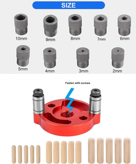 Self Centering Doweling Jig For Accurate Straight Holes With Adjustable Dowel Drill Guide 2 To 10 Mm showing bushings and base