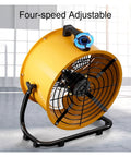 Heavy Duty Industrial Floor Drum Fan Rock Solid Steel Frame Kickin High Speed Airflow For Garage Workshop Jobsite And Warehouse Summer Cooling Operations with four-speed adjustable feature, yellow body, and black stand.