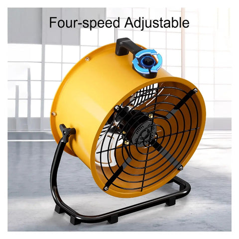 Heavy Duty Industrial Floor Drum Fan Rock Solid Steel Frame Kickin High Speed Airflow For Garage Workshop Jobsite And Warehouse Summer Cooling Operations with four-speed adjustable feature, yellow body, and black stand.