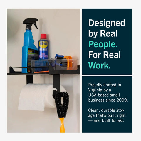 Heavy Duty Wall Mount Paper Towel Holder With Shelf For Garage, Workshop, Or Utility Room holding cleaning supplies.