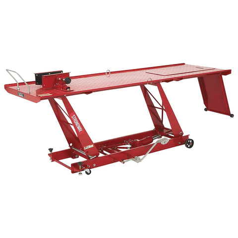 Steel Hydraulic Motorcycle Lift With 1100 Pound Capacity, Foot Operated Pump, Diamond Plate Platform, Removable Ramp With Hinges And Rollers