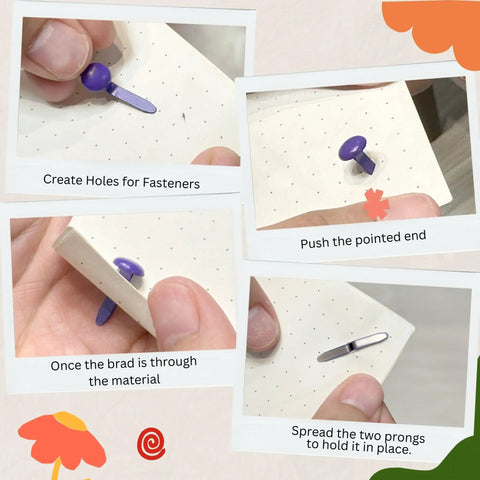Assorted Color Round Head Craft Brads 200 Pack Top Tier Plated Metal Fasteners For Scrapbooking, demonstrating attachment process with purple brad.