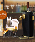 Portable Electric Ultrasonic Foam Maker Craft Beer And Cocktail Dispenser black unit with glasses at a cocktail party.