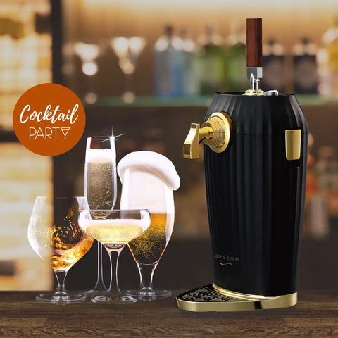 Portable Electric Ultrasonic Foam Maker Craft Beer And Cocktail Dispenser black unit with glasses at a cocktail party.
