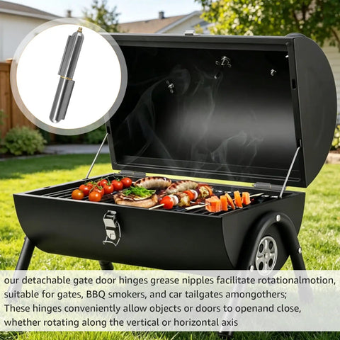 5 Pack Of 6 Inch Heavy Duty Weldable Bullet Barrel Hinges with Grease Fittings on BBQ smoker with grilled vegetables
