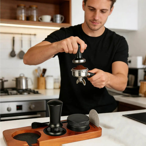 Portable Espresso Tamper Kit For 51Mm Filter Cups, man tamping coffee grounds in kitchen with 7 piece accessory set.