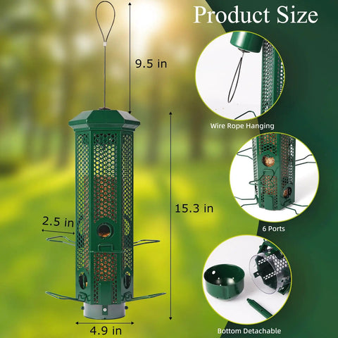 Weight Activated Squirrel Proof Bird Feeder With Removable Base For Outdoor Hanging No Hassle Setup, 6 Ports Perches, 3Lb Seed Capacity, Heavy Duty Metal Construction In Green, dimensions shown.