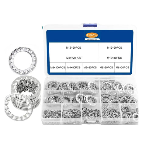 Internal Star Tooth Lock Washers Assortment Kit Featuring 410 And 820 Pieces Hardened Steel Construction presented in open box