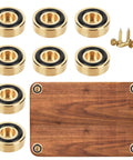 8 Piece Brass Cutting Board Feet Non Slip With Silicone Pads And Screws Kit 1.18 X 0.39 Inch Legs, shown with wood board