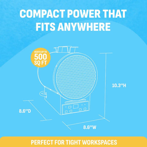 Diagram of a compact heater showing dimensions, labeled for heating 500 sq ft, "Compact Power That Fits Anywhere."