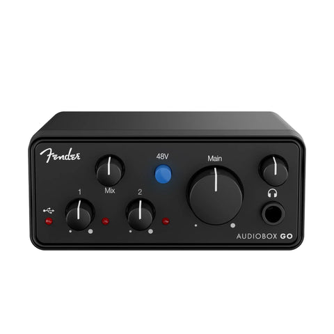 Front view of AudioBox Go 2x2 USB C Audio Interface With 24 Bit 96 KHz Conversion For Music Podcasts And Mobile Recording.