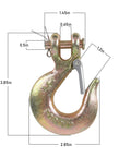 4 Pack 1/4 Inch G70 Forged Steel Clevis Slip Hook With Spring Safety Latch shown with dimensions for towing and lifting applications.