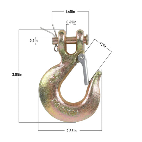 4 Pack 1/4 Inch G70 Forged Steel Clevis Slip Hook With Spring Safety Latch shown with dimensions for towing and lifting applications.