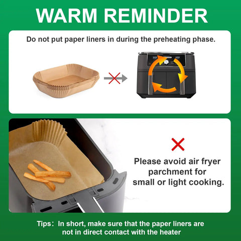 Guide for using 125 Pack Disposable Air Fryer Parchment Paper Liners in Ninja Pro AF141 AF142; avoid during preheating phase for safety.