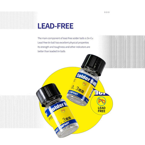 Lead Free Tin Solder Balls Set For PCB Reballing And Soldering, bottles showing 0.3 mm size, feature lead-free label.
