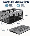 Hella Durable Folding Storage Crate 32L With Grip Handles And Reinforced Bottom Game Changer For Grocery Loads Car Trunk Organizing And Daily Essentials In Stone Gray, dimensions shown.