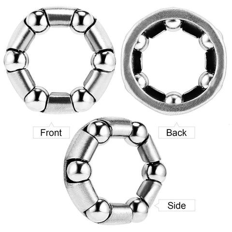 Front, back, and side view of Bike Wheel Bearings 3/16 Inch 6 Balls Retainer Set for Front Wheel Bottom Bracket Replacement Bicycle Axle.