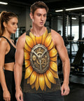 Men Sleeveless Muscle Tank Top Featuring Mechanical Sunflower Gear Design in gym setting
