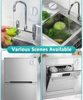 Wireless Garbage Disposal Switch With 500ft RF Range Magnetic Base shown on faucet, sink, fridge, and dishwasher