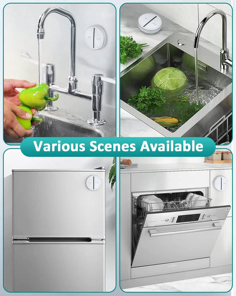 Wireless Garbage Disposal Switch With 500ft RF Range Magnetic Base shown on faucet, sink, fridge, and dishwasher