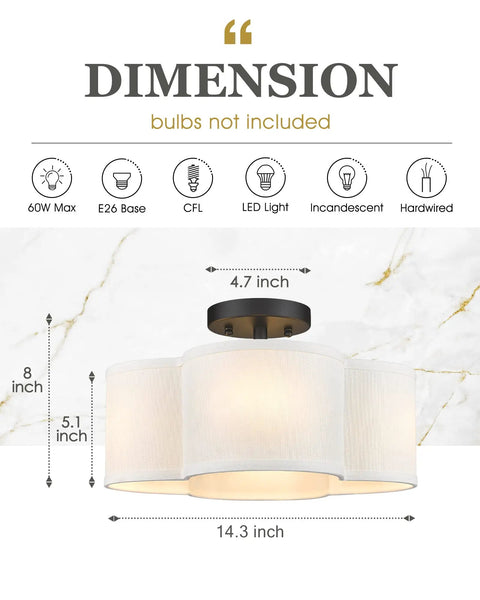 Dimensions of Black Semi Flush Mount Ceiling Light With Fabric Shade In Quatrefoil Shape, 13 Inch farmhouse fixture.