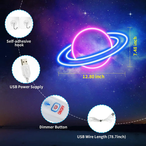 Planet Neon Sign LED Neon Light Sign For Wall Decor USB Powered with dimensions and features overview.