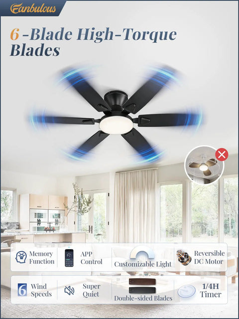 52 Inch Ceiling Fan With Lights And Smart App Remote 6 Blade Dope High Airflow Dimmable 5CCT LED With Memory DC Motor installed in living room