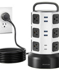 10ft Power Strip Tower Surge Protector With 13A, 12 Outlets And 6 USB Ports, black and white design, shown plugged in