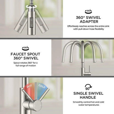 360° swivel adapter and faucet spout functionality of Sleek High Arc Kitchen Faucet With Pull Down Sprayer And Slick Brushed Nickel Finish.