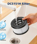 Washing DC5151H Replacement Vacuum Filter for DC515 and DCV517 Wet Dry Vacs in sink, showing washable pleated design.