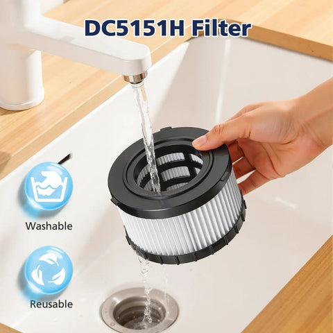 Washing DC5151H Replacement Vacuum Filter for DC515 and DCV517 Wet Dry Vacs in sink, showing washable pleated design.