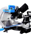 Heavy Duty Pro Grade Sliding Compound Miter Saw With Dead On Laser Guide 12 Inch 80 Tooth Blade showing the blade and controls.