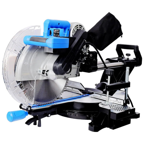 Heavy Duty Pro Grade Sliding Compound Miter Saw With Dead On Laser Guide 12 Inch 80 Tooth Blade showing the blade and controls.