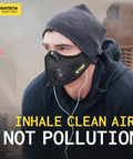 Person wearing Dust Face Mask With Extra Activated Carbon Filters And Air Valves For Woodworking And Construction Jobsites.