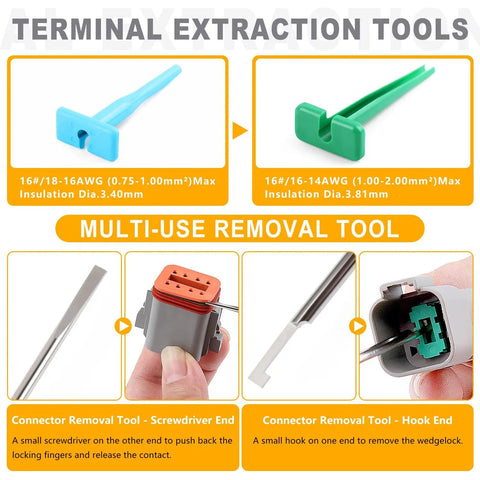 Deutsch DT Connector Kit 540 Piece Set With KN16 Crimper And Removal Tool showcasing terminal extraction tools.