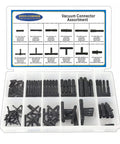 Front view: Vacuum connector assortment kit in a plastic storage box; nylon fittings, 113 pieces, heat resistant 240°C