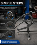 Beefy Three Jaw Brake Drum Puller With Adjustable Arms And Four Caster Legs For Cars And Trucks, shown in three steps setup.